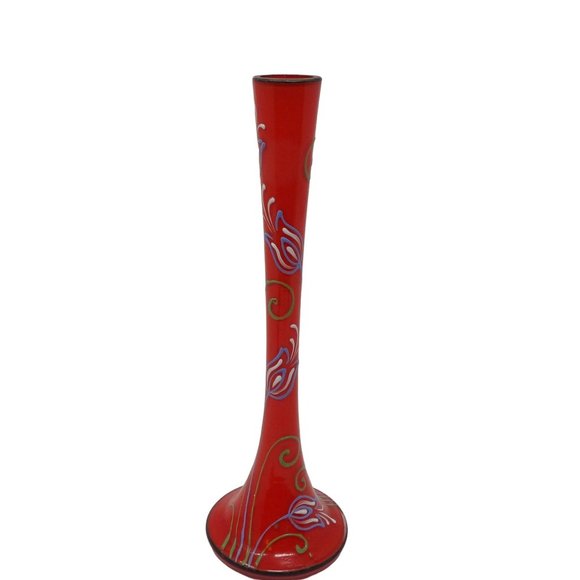 Vintage Hand Blown Red Glass Vase with Hand Painted Enamel Flowers & Cased Metal - Picture 4 of 10